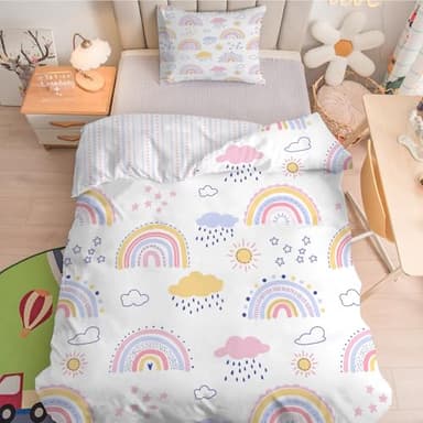 Linfye Housse de Couette 120x150 cm Enfant Fille Arc-en-Ciel Parure de Lit 1 Personne étoiles Soleil Imprimée, Sets de Housse Couette Réversible en Microfibre avec Taie d'oreiller 40x60 cm