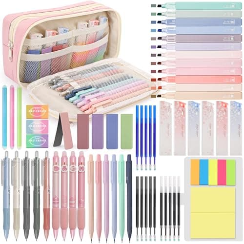 DazSpirit Lot de 61 Fournitures Scolaires Esthétiques avec Trousses, 12 Surligneur Pastel, 4 Stylos Effaçables, 5 Stylos Gel, 6 Porte Mine 0.5 mm et 0.7 mm, Papeterie Aesthetic pour Étudiants (Rose)
