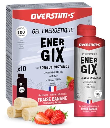 Neuf Overstim.s - Gel Energix (10 sachets) - Gel énergétique pour le sport (vélo, course à pied..) - Longue durée (Glucose + Fructose + Maltodextrines) - BCAA - 100 kcal/gel - Fraise banane