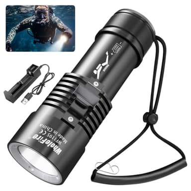 WholeFire Torche de plongée, 8000 lumens, IPX8, étanche, torche de plongée, 3 modes de torche sous-marine, rechargeable, équipement de plongée pour la natation