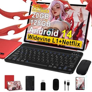 Tablettes 10 Pouces Tablette Android 14 avec 20Go RAM+128Go ROM(TF/1To), Octa-Core, 5G WiFi 6, Widevine L1, GMS, 5MP+8MP, 1280 * 800, Bluetooth 5.0, Tablette Tactile avec Clavier+Souris et Cas - Rouge