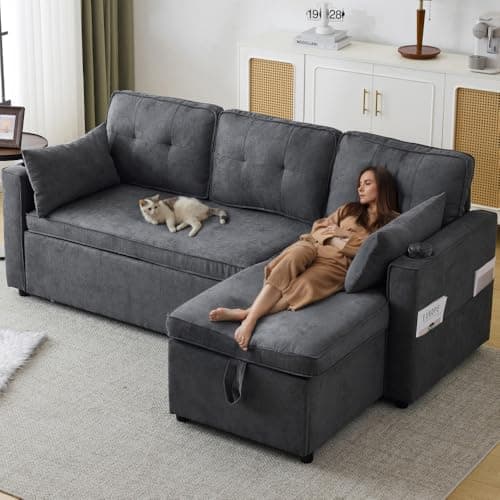 Canapé d'angle Convertible,Canapé lit avec Fonction Couchage,canapé 3 Places en L,Meubles rembourrés,Chaise Longue avec Espace de Rangement,avec Porte-gobelet (Gray + Cotton + 3 Seat)