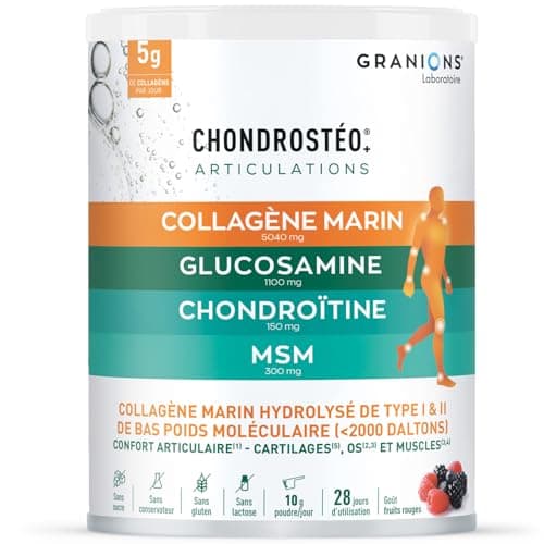 GRANIONS - Collagene Marin Poudre - CHONDROSTEO + Articulations - Glucosamine + Chondroitine - Collagene Hydrolysé d'origine marine - 10g PAR JOUR - Goût Fruits Rouges - 280 g