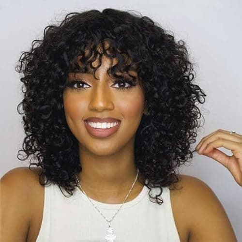 Rebasar Perruque Bresilienne Cheveux Humain avec Frange Culry Perruque Sans Colle Bouclée Perruque Femme Courte Noir Naturel No lace Bob Wig Human Hair with Bangs