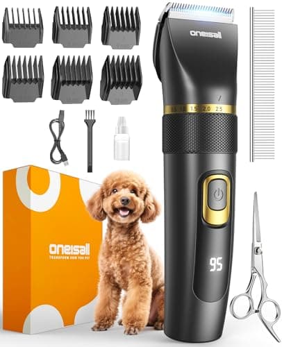 oneisall Tondeuse pour Chien Sans Fil, Tondeuse Professionnelle Chien Poils Longs Epais IPX7 Etanche, Tondeuse Chat de Poils Noeud, Faible Bruit LCD Ecran Toilettage pour Animaux avec 6 Sabots