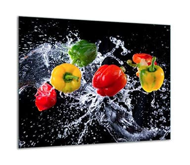 TMK Plaque de recouvrement pour cuisinière, 60 x 52 cm, en verre, décorative, à induction, protection anti-éclaboussures, planche à découper, poivrons, noire