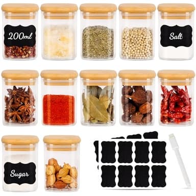 Lot de 12 Pot a Epices CarréS 200 ml HerméTiques avec Couvercle en Bois, pot Epices Verre, RéCipient à éPices, Ensemble de pots à éPices, Stockage d'éPices, Shaker à éPices, Stockage d'éPices