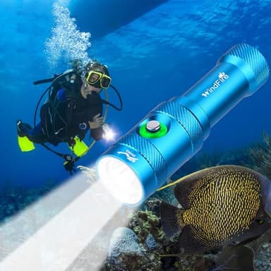 WINDFIRE Lumière de Plongée 6000 LM Lampe de Poche Sous Marine 3 Modes avec Indicateur de Puissance, Professionnel IP68 Lampe de Poche Étanche Rechargeable de Sécurité avec Batterie & Chargeur