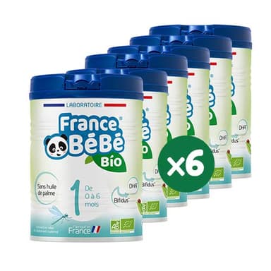 FRANCE BéBé BIO - Lait infantile pour bébé 1er âge en poudre 0 à 6 mois - Lait fabriqué en France - BIFIDUS - SANS HUILE DE PALME - Pack 6 boîtes de 800g