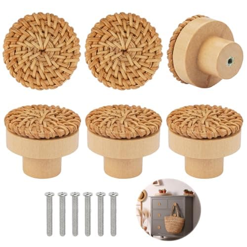 6 Pièces Boutons de Meuble en Rotin Bois, Poignée Meuble Bois, Bouton de Tiroir, Boutons de Portes pour Placards, Boutons de Meuble Rond en Bois, Bouton de Meuble Bois pour Chambre Cuisine Bureau