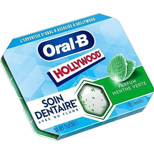 Hollywood Oral B - Chewing-Gum Sans Sucre Au Fluor - Parfum Menthe Verte - Soin Dentaire - Pour des Dents Saines - Haleine Fraîche - Lot de 12 Étuis de 10 Dragées