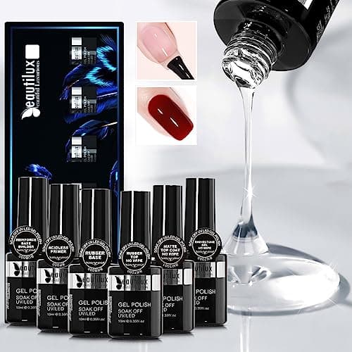 Beautilux Base et Top Coat Gel Uv Semi Permanent, 6 * 10 ML Primer-Ruber Base-Rubber Top-Matte Top-Base Builder-Rhinestone Gel, Finition Vernis à ongles