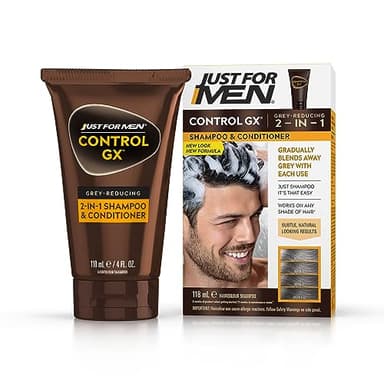 Just For Men Shampooing et après-shampoing Control GX 2 en 1, réduit progressivement et définitivement les cheveux gris à chaque lavage, toutes les nuances, 118 ml