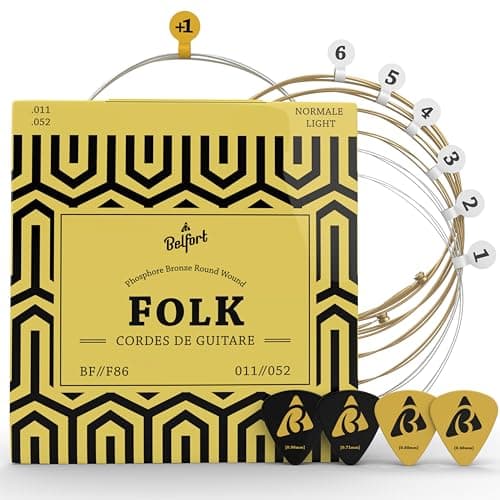 BELFORT® Cordes ☆ VAINQUEUR DE TEST 2019* ☆ Pour guitare folk & acoustique ☆ BONUS : Ebook gratuit + 3 plectres ☆ en Phosphor Bronze (lot de 6)