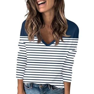 Pull Femme Marine, Col V, Manche Longue, T-Shirt Coton Rayé, Marinière, Sport, Sous Coton Rayé, Tee-Shirt, S