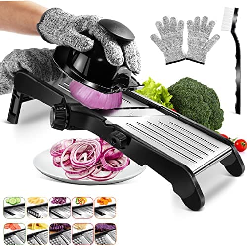 MASTERTOP Mandoline de Cuisine Réglable en Inox, Mandoline Professionnelle avec Lame Tranchante Intégrée, Mandoline Japonaise Multifonction à Différents Epaisseurs pour Tranche, Julienne et Gaufre