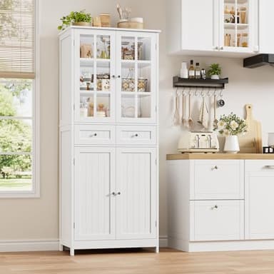HOCSOK Buffet Cuisine, 180 cm Haut Vaisselier avec 2 Portes Vitrées, Armoire de Cuisine avec 4 Portes et 2 Tiroirs, Vitrine pour Salle à Manger, Bureau, Salon, Moderne, Blanc