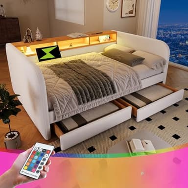 Zepneiy Canapé lit 140 x 190 avec sommier, Canapé Convertible 2 Places avec LED et USB, Lit Coffre avec 2 tiroirs et sommier Lattes Meuble Multifonction Salon, Lin Beige (sans Matelas)