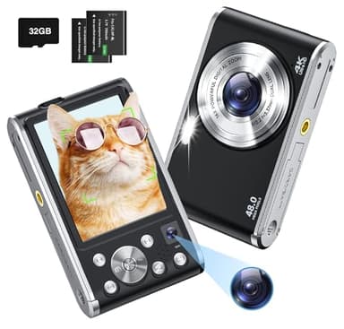 Appareil Photo Numérique Compact 4K HD 48MPAutofocus avec 32G Carte, Double caméra Avant et arrière, Lentille 2.8" LCD Digital Camera avec 16X Digital Zoom pour débutants (Noir)