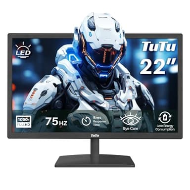TuTu Écran PC 22 Pouces Bureautique Full HD LED 75Hz Moniteur PC VGA HDMI Écran Ordinateur de Bureau 5ms Soin des Yeux Anti-Scintillement Travail