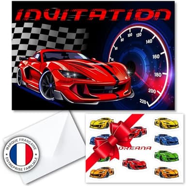 Kit créatif 10 cartes d'invitation en français pour anniversaire garçon thème voiture pour 10 invités (10 cartons d invitation + 10 enveloppes + 1 planche de 10 stickers). Idéal enfants de 1 à 11 ans