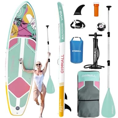 GYMMALL Paddle Gonflable Adulte, Paddle Gonflable Stand Up Sup pour Adultes & Jeunes de Tous Niveaux de Compétence, Large & Deck Antidérapant pour Paddle Gonflable avec Accessoires Premium et Sac
