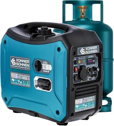 Générateur inverter à gaz/essence Könner & Söhnen KS 2000iG S, boîtier insonorisé, 2000 W, une prise 1x16A (230V), 2 ports USB, affichage LED, Economie mode, enroulement en cuivre, EURO V, onduleur