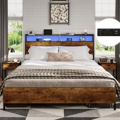 DICTAC Lit 140x200 en Métal, Lits 2 Personnes avec tête LED et 2Ports USB et Prise de Courant,Cadre de lit avec tête et pied de lits en bois,21.5 cm Espace de Rangement sous le lit,Marron Vintage Noir