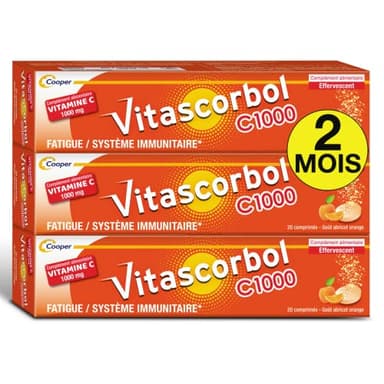 VITASCORBOL - Complément alimentaire à base de vitamine C 1000 mg - Fatigue et système immunitaire - Programme 20 jours - 20 comprimés effervescents - Lot de 3
