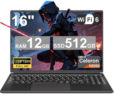Ordinateur Portable 16 Pouces 4 cœurs Celeron N5095 (jusqu'à 2,9 GHz),12+512GB SSD Soutien Extension 1TB ,PC Portable Win11 Avec 5G WIFI 1920x1200 BT4.2 Souris sans Fil&AZERTY Clavier Couverture-Noir