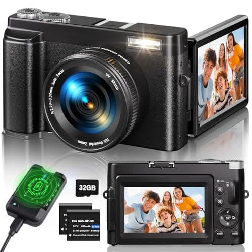 Appareil Photo Numérique 4K, Appareil Photo Compact 48MP 16X Digital Zoom à Écran Rabattable à 180° Avec Autofocus, Flash, Station de Charge, 2 Batteries, Carte 32 GB pour Débutants, Enfants, Vlogging