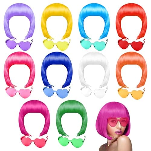 PLULON 20 morceaux Perruques fête et Ensemble lunettes soleil, Bob court néon Pack lunettes soleil Costume Coloré Cosplay fête quotidienne Postiches pour fête Bachelorette Neon, Décorations Halloween