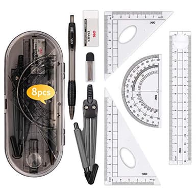 8 pièces Kit de Geometrie, Compas Scolaire Ensemble Outil de Géométrie Comprenant Regle Equerre Rapporteur Porte-mines Recharges Gomme, Dessiner avec un Compas Enfant Boite de Compas Ecole Fournitures