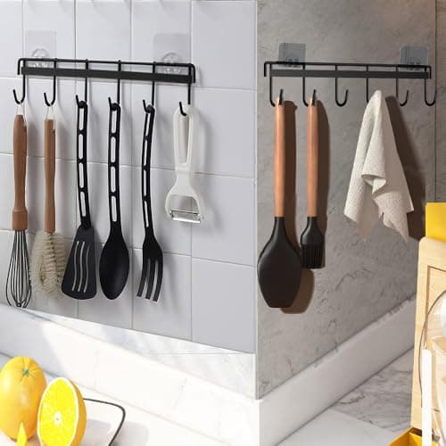 Nmgkokew 2 Pièces Porte Ustensiles Cuisine,Support Ustensiles Cuisine avec 6 crochets,sans perçage Rangement Organiseur Rack pour cuisine/Bains (Noir)