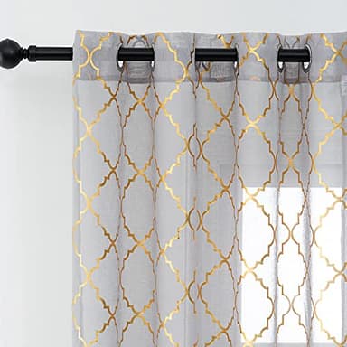Kotile Lot de 2 rideaux gris et dorés à œillets – Voilages à œillets avec motif géométrique doré et métallisé pour salon, 117 x 228 cm de haut, gris doré