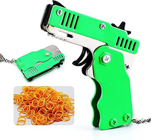 Pistolet Elastique MéTal Mini Bande De Caoutchouc Pliable Pistolet à Bande éLastique pour Jouets Mini Pistolet en Caoutchouc MéTallique avec Porte-CléS,et 60 pièces en Caoutchouc (Vert)