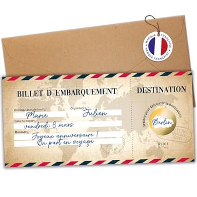 Carte à gratter Voyage Surprise - Carte embarquement personnalisable à offrir - Billet avion annonce - Cadeau Anniversaire EVJF - En français - Modèle vintage (1 carte)