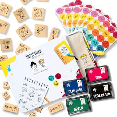 Tampons enseignants français, Boîte de 13 Tampon enseignant motivation avec ses gommettes offertes et encreurs 4 couleurs. Spécial cadeau institutrice, professeur, maîtresse, maître.