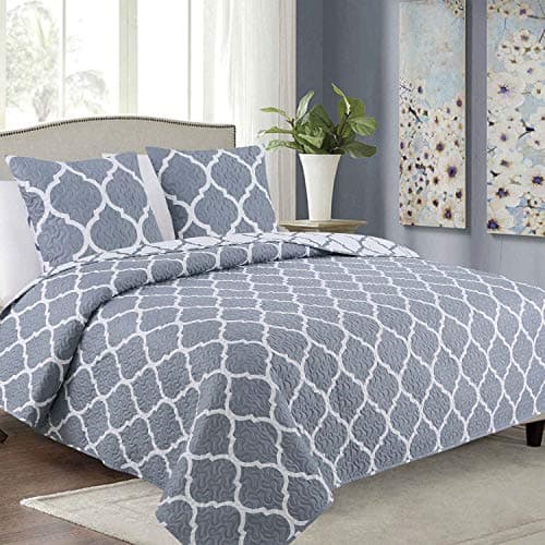 Couvre-Lit Quilt Couvre-Lit Couvre-Lit Matelassé avec 2 taies d'oreiller 40x40 cm- (Gris Blanc - Marocain Méridien, 220x240 cm)