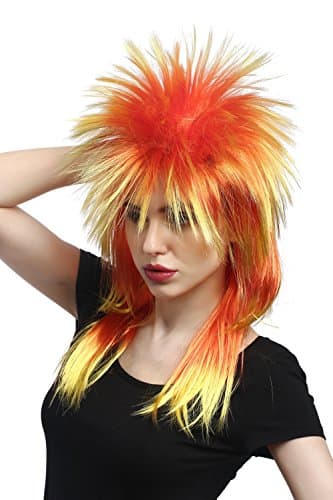 WIG ME UP - DH1069-PC2BTPC13 Perruque Carnaval Punk Wave mulet 80s Sauvages taquiné Long coloré Jaune Rouge