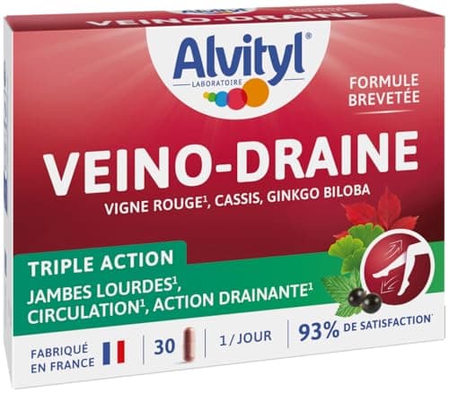 Alvityl - Veino-Draine - Circulation, Action drainante, Jambes légères - Vigne rouge - 93% de satisfaction- 30 gélules