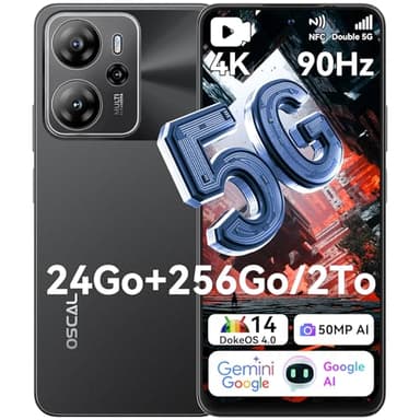 OSCAL Tiger 13 Telephone Portable 5G Android 14, Gemini AI, 24Go+256Go/TF-2To, Smartphone Octa Core 90Hz Écran 6,67" HD+, 18W Charge Rapide, AI 50MP, Téléphone 5G Dual SIM/NFC/Face ID/GPS/OTG - Noir