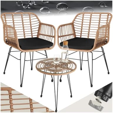 TecTake® Salon de Jardin Extérieur en Poly Rotin 2 Personnes Ensemble Fauteuils Salon et Table de Jardin, Coussins Amovibles Inclus, Amenagement Balcon Terrasse