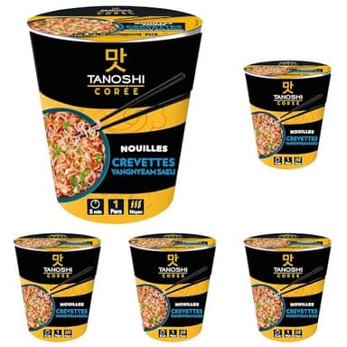 TANOSHI - Cup Crevettes Yangnyeam Saeu - Sans Huile De Palme - Sans Glutamate Ajouté - 1 Personne - 65 g (Lot de 5)