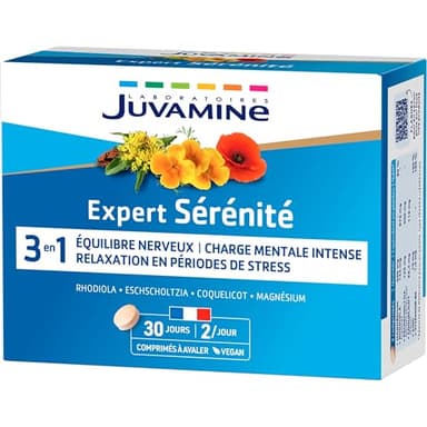 JUVAMINE - Sérénité - Équilibre Nerveux - Favorise La Relaxation et La Détente - A Base de Plantes et Minéraux - Magnésium, Vitamine B6, Rhodiola - 60 Comprimés - Fabriqué en France