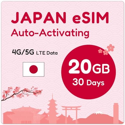 TSIM Japon eSIM 30 Jours 20 Go | Activation Automatique | Réseau DOCOMO 5G avec Tethering/Hotspot/Internet Sharing