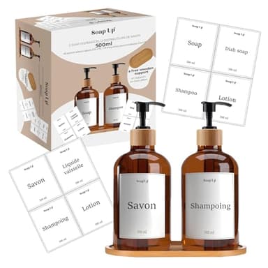2 Distributeurs 50 cl pour Savon, Shampoing, Liquide Vaisselle | Support en Bambou, Entonnoir & Etiquettes Personnalisées | Accessoire Cuisine & Salle de Bain Pratique | OriginalCorner®