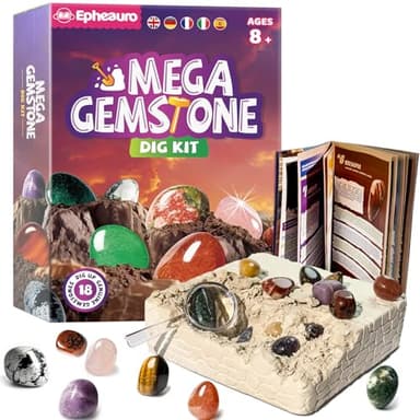 Epheauro Méga Kit de Fouille de Pierres Précieuses pour Enfants – 18 Cristaux, Minéraux et Roches Réels – Dès 8 Ans