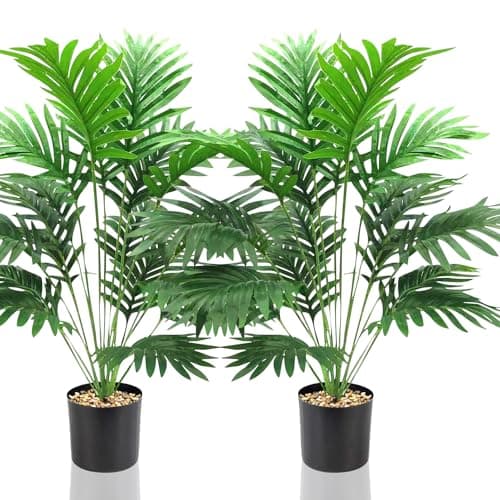 Lighterday Lot de 2 plantes artificielles de 80 cm - Arbre décoratif d'intérieur - Plantes en plastique pour bureau, maison, décoration intérieure et extérieure (2 pots de palmier jaune artificiel)