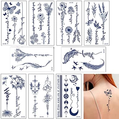 Qpout 9Feuilles Tatouages semi-permanents pour femmes filles Tatouages temporaires réalistes Art corporel Tatouage Autocollants Bleu foncé imperméable faux tatouages longue durée de 2 semaines